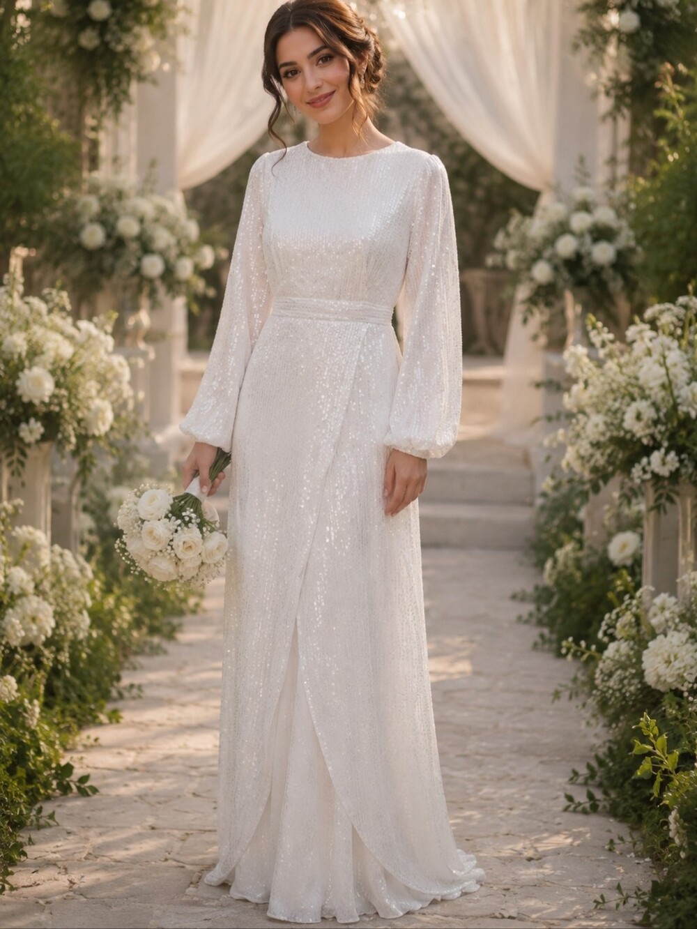 White sequin tulip cut maxi dress